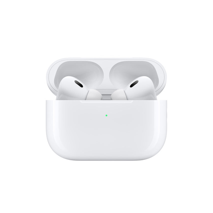 Front view of AirPods Pro in an open Charging Case, fully charged.